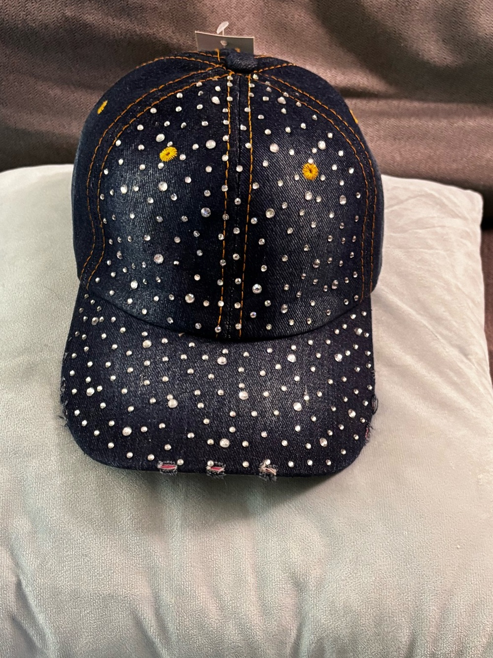 Distressed Denim Baseball Cap with Rhinestones by Vera NWT